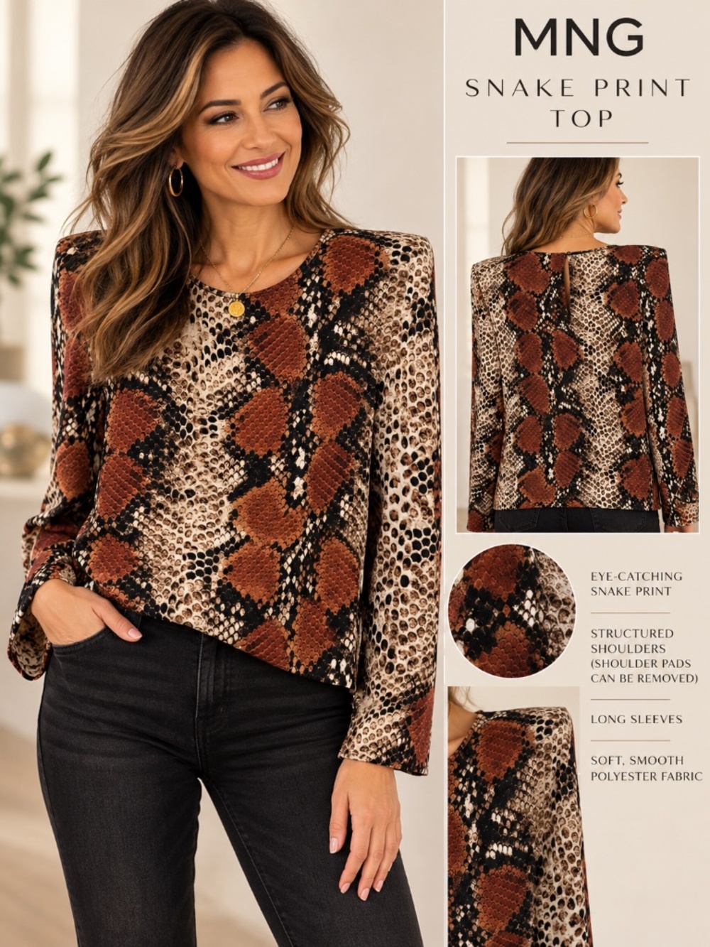 MNG Mango Snake Print Structured Shoulder Top – Size S – Like New